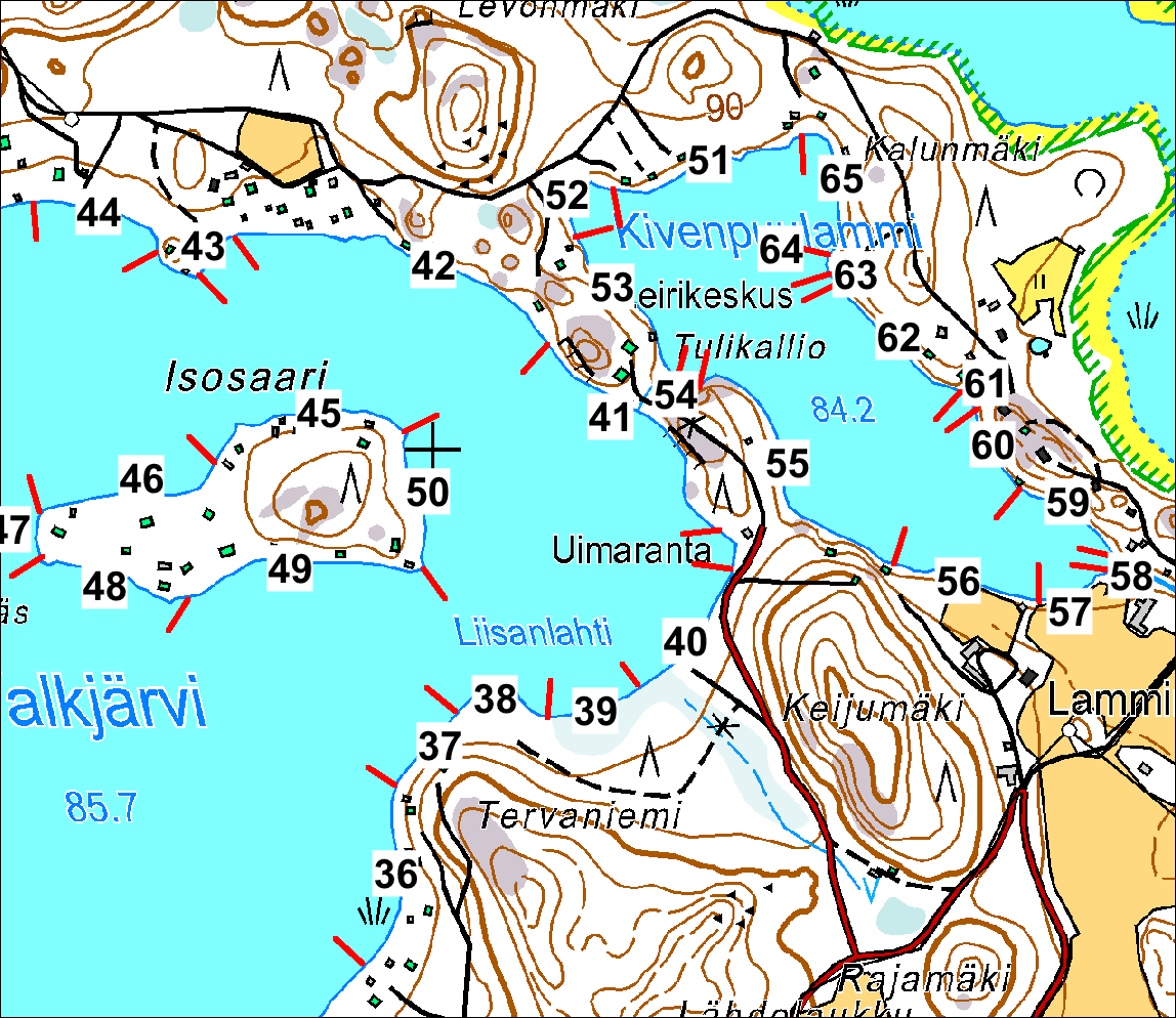 Kuva 7. Valkjärven itäosan ja Kivenpuulammin rantajaksot sekä niiden numerointi. Tekstin sanallisissa kuvauksissa käytetään samaa numerointia. 37: Kapea ja harva kasvusto järvikortetta.