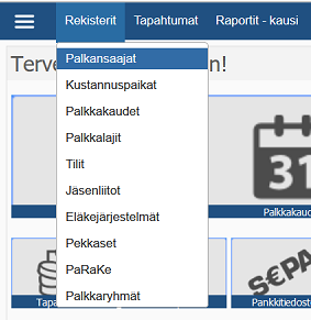 2 (5) Toiminnot ylävalikossa Kun viet hiiren ylävalikossa olevan otsikon päälle (esim. Rekisterit), näet kyseisen otsikon alla olevat toiminnot.