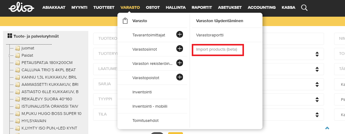 Elisa Kassa - Tuotetietojen tuonti järjestelmään (Import products) Tämän ohjeen avulla opit tuomaan tuotetietoja Elisa Kassaan käyttämällä hyväksi tiedostoa (esim. Microsoft Excel tai OpenOffice).