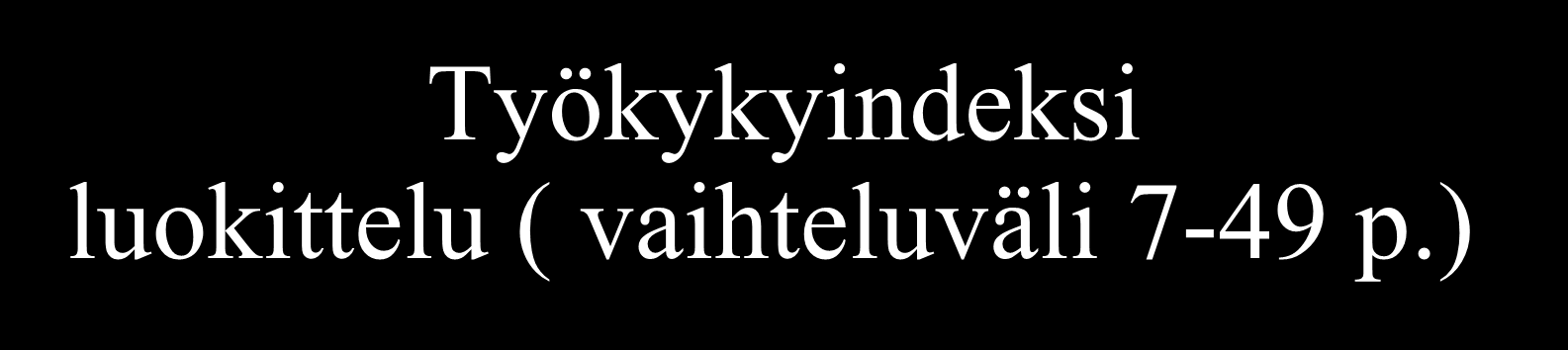 Työkykyindeksi luokittelu ( vaihteluväli 7-49 p.) Huono: työkyvyn palauttaminen 7-27 p. Keskink.