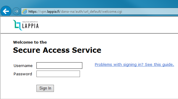 2 Etäyhteysohje (vpn.lappia.fi) Palveluun kirjautuminen Palveluun voi kirjautua osoitteessa http://vpn.lappia.fi. Kirjautumissivulla annetaan käyttäjätunnuskenttään (Username) Windows-/sähköpostitunnus ilman etuliitteitä.