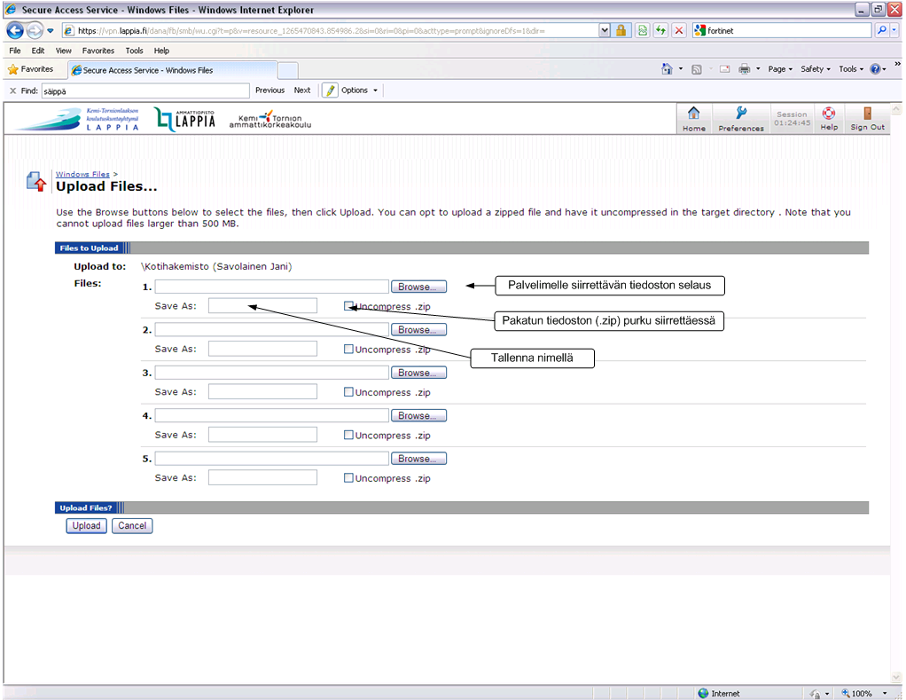 7 Etäyhteysohje (vpn.lappia.fi) Siirrettäessä tiedostoja palvelimelle valitaan hakemistonäkymästä kaikki siirrettävät tiedostot ja siirto aloitetaan Siirrä tiedostoja palvelimelle (Upload.