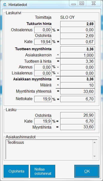 4.1 Hintojen tarkistus ja laskurivin nettohinnan määritys Ylimpänä näkyy tuotteen ykköstukkuri ja toimittajan myyntihinta. Seuraavalla rivillä on toimittajan antama ale ja sen alla tuotteen ostohinta.