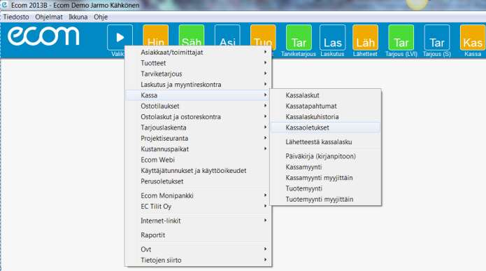 1 Kassaoletukset Kassaoletukset löytyvät valikosta Ohjelmat, Kassa