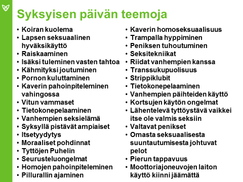 Tilastot osoittavat myös sen, että poikien maailma on tässä ja nyt. Suuri osa puheluista on arkeen liittyvää kertomista tai sen pohdintaa, harrastuksiin ja yleiseen poikamaailmaan liittyviä.