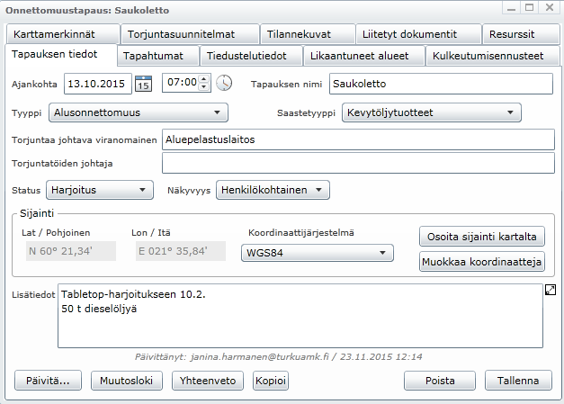 Tämä on keräämisen kannalta vähän, mutta koko 35 tonnia on edelleen lävistäjältään noin 2,3 kilometrin laajuisella alueella. (Jolma 2015.) Kuva 4. Öljy 18 h jälkeen (Jolma 2015).