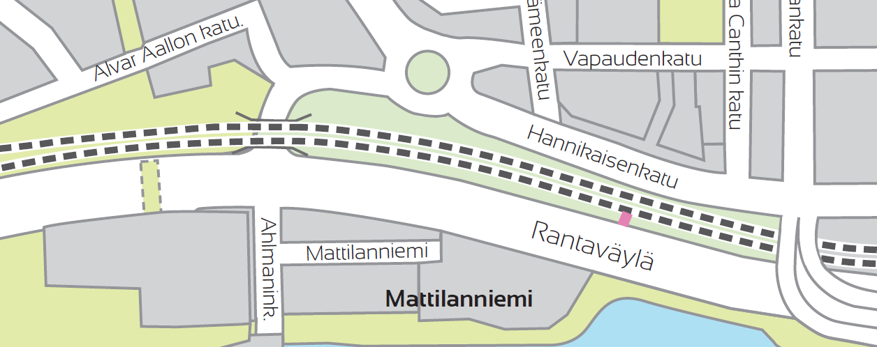 RUUSUPUISTO, VAIHTOEHTO 1 (KIERTOLIITTYMÄ, SEMINAARINKATU KATKAISTU) + Hyvä opastettavuus / orientoitavuus, kaikki väylät kiertoliittymän kautta + Liikenteellisesti toimivin ja turvallisin vaihtoehto