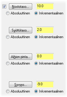 NC-KOODIN TARKASTAMINEN 31 11 Valitse Siirtymisparametrit-sivu. 12 Määritä seuraavat parametrit: 10.