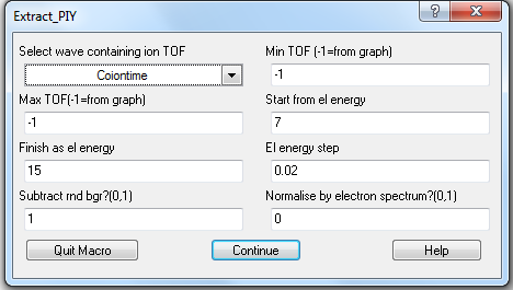 70 Kuva 23: CIY-käyrän muodostamiseen käytettävän makron valintaikkuna. Ikkunaan on syötetty tiedot elektronien sidosenergia-asteikon pituudesta ja askelkoosta sekä valittu taustan poisto.