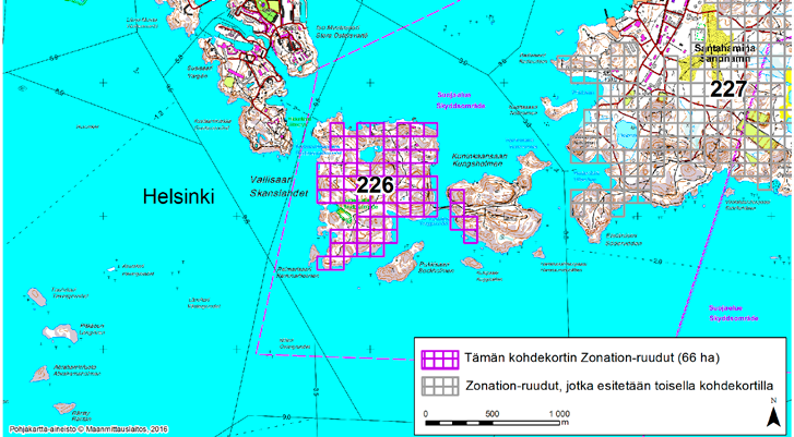 Helsinki, Zonation-aluetunnus 226 HELSINKI (226) Alue kattaa lähes kokonaan Helsingin edustalla Suomenlinnan ja Santahaminan välissä sijaitsevan Vallisaaren ja osan viereisestä Kuninkaansaaresta.