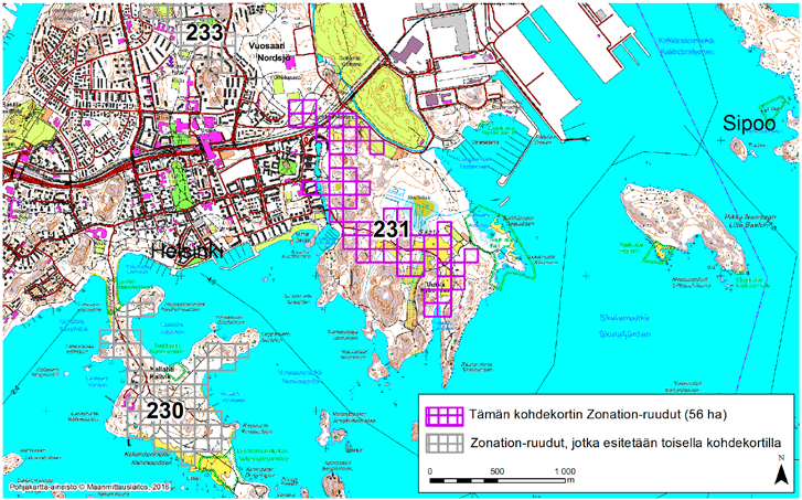Helsinki, Zonation-aluetunnus 231 HELSINKI (231) Alue sijaitsee Itä-Helsingissä Vuosaaren kaupunginosassa ulottuen pohjoisessa Nordsjön kartanon alueelle ja etelässä Uutelaan ja Pitkälahden