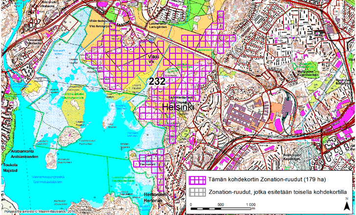 Helsinki, Zonation-aluetunnus 232 HELSINKI (232) Alue sijaitsee Koillis-Helsingin Viikin kaupunginosassa Vanhankaupunginlahden rantamilla ulottuen pohjoisessa Viikin tiedepuiston ja Latokartanon