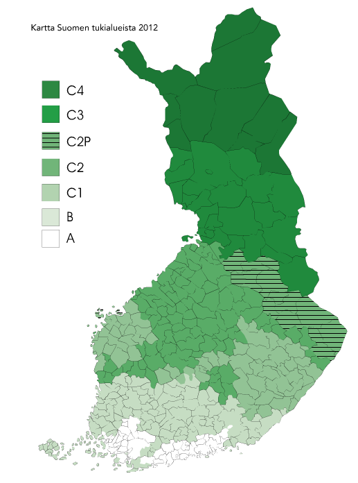 9 kialueeseen (Kuva 2; Maa- ja metsätalousministeriö 2013c). Tärkeimpiä kansallisen tuen tukimuotoja ovat pohjoinen tuki, luonnonhaittakorvauksen kansallinen lisäosa ja Etelä-Suomen kansallinen tuki.
