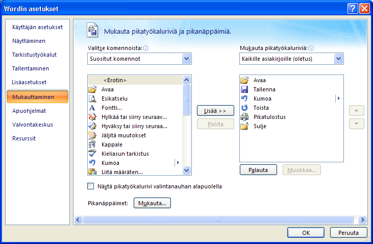 3.2 MUKAUTTAMINEN Mikäli haluat itse mukauttaa työkalurivin itsellesi sopivaksi, napsauta pikatyökalurivin oikeassa reunassa olevaa kolmiota ja valitse Lisää Komentoja... (More Commands.