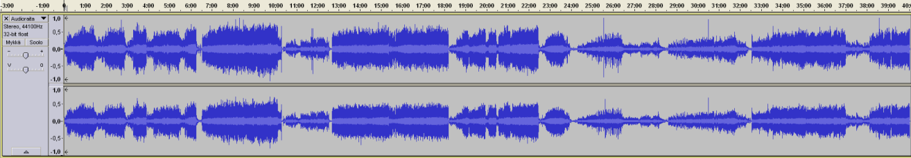 Kun haluat jälleen jatkaa äänittämistä, klikkaa uudestaan Audacity -ohjelman Pause - painiketta.