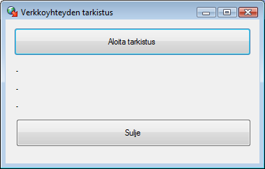 Kirjautumisen ongelmatilanteet Jos kirjautuminen ei onnistu, Netti-Taserissä on toiminto verkkoyhteyden tarkistamiseksi. Valitse Tiedosto valikosta Verkkoyhteyden tarkistus.