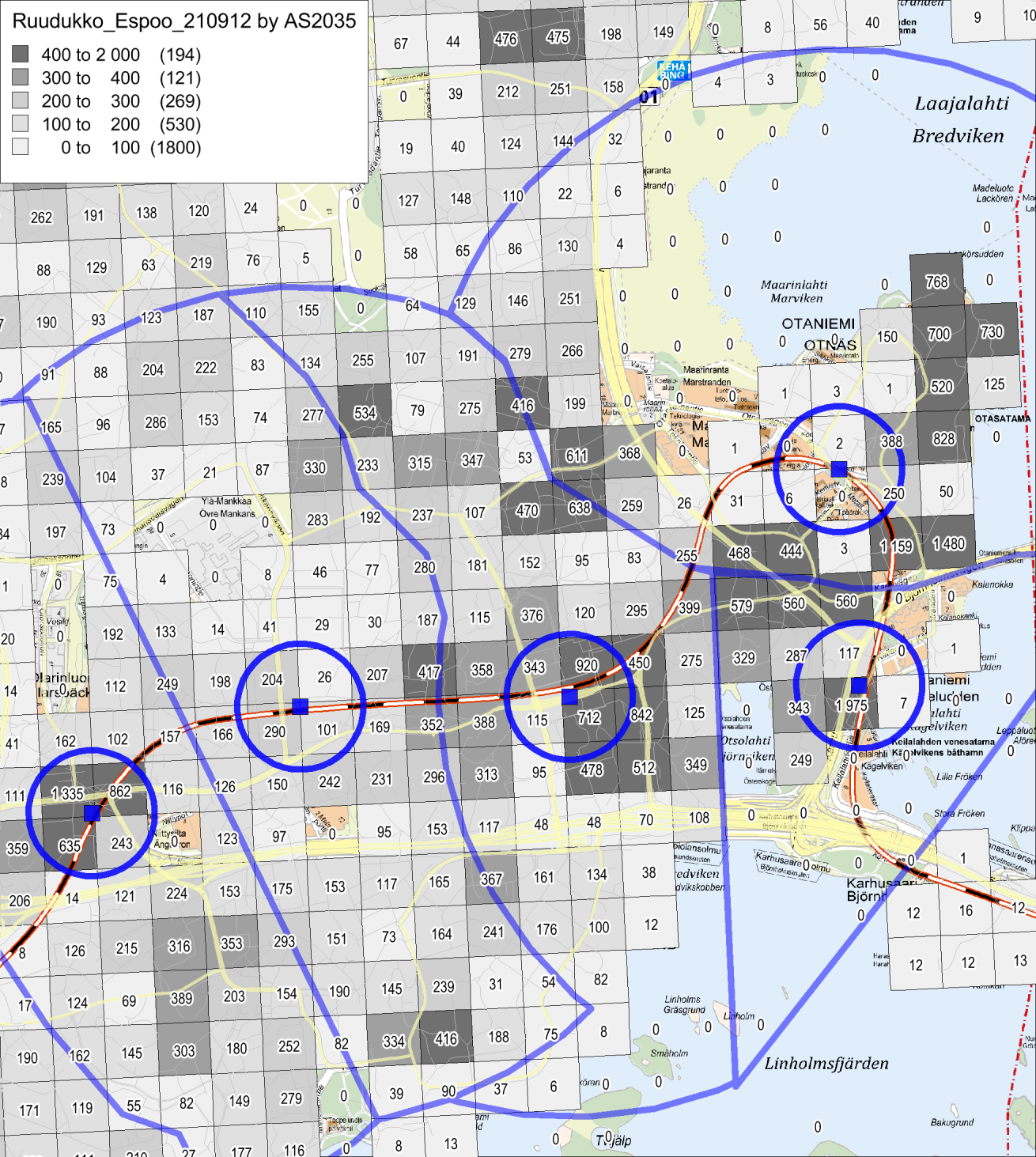 Asukastiheys metroasemien vaikutusalueella (ennuste 2035) Sisempi ympyrä 300 m Ulompi