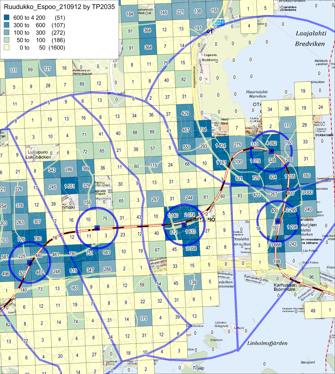 Työpaikkatiheys metroasemien vaikutusalueella (ennuste 2035) Sisempi ympyrä 300 m