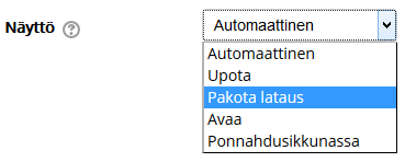 4) Lisäämäsi tiedosto näytetään tiedostolaatikossa. 5) Kohdasta Näkyvyyteen liittyvät asetukset voit valita miten tiedosto näytetään, kun tiedostolinkkiä klikataan kurssisivulla.