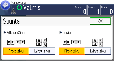 Kaksipuoleinen kopiointi Pitkä sivu CKN011 Lyhyt sivu CKN012 1. Paina [Suunta]. 2.