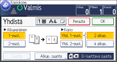 3. Kopiointi 7. Paina [Yhd. 2-puol.]. 8. Paina [Suunta]. 9. Valitse [Alkuperäinen]- ja/tai [Kopio]-asetukseksi [Pitkä sivu] tai [Lyhyt sivu].