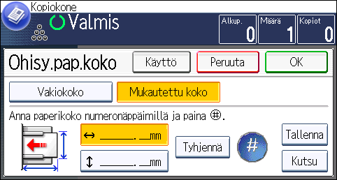 3. Kopiointi Kopiointi kirjekuorille Tässä kerrotaan, miten kopioit tavallisille ja mukautettua kokoa oleville kirjekuorille. Kirjekuoret on syötettävä laitteeseen ohisyöttötasolta.