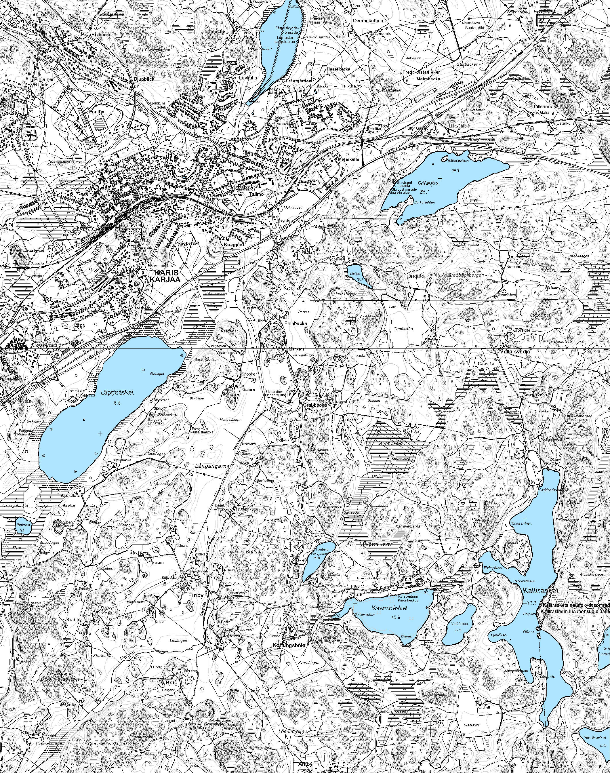 7 INKOO - KARJAA - 110 kv:n voimajohdon arkeologinen inventointi Sirkka-Liisa Seppälä 2006 uusittava voimajohtoreitti muinaisjäännös, Museoviraston muinaisjäännösrekisteri tammikuu 2007 Yleiskartta