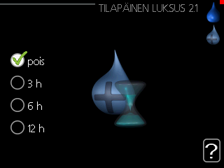 mukavuustila Käyttövesimukavuuden säätö. Tilatiedot näyttävät valitun tilan, "säästö", "normaali" tai "luksus". ohjelmointi Käyttövesimukavuuden ohjelmointi.