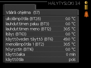 Kompressoritiedot näyttää lämpöpumpun kompressorin käyttöajat, käynnistysmäärät jne. lisäyksen tiedot näyttää tiedot lisälämmönlähteen käyntiajoista ym. hälytysloki näyttää viimeisen hälytyksen.
