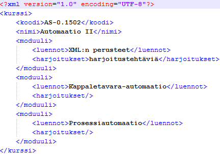 Mitä on XML? Joitain vastauksia kysymyksiin dokumentista: 1. Dokumentti sisältää tietoa tästä kurssista. 2.