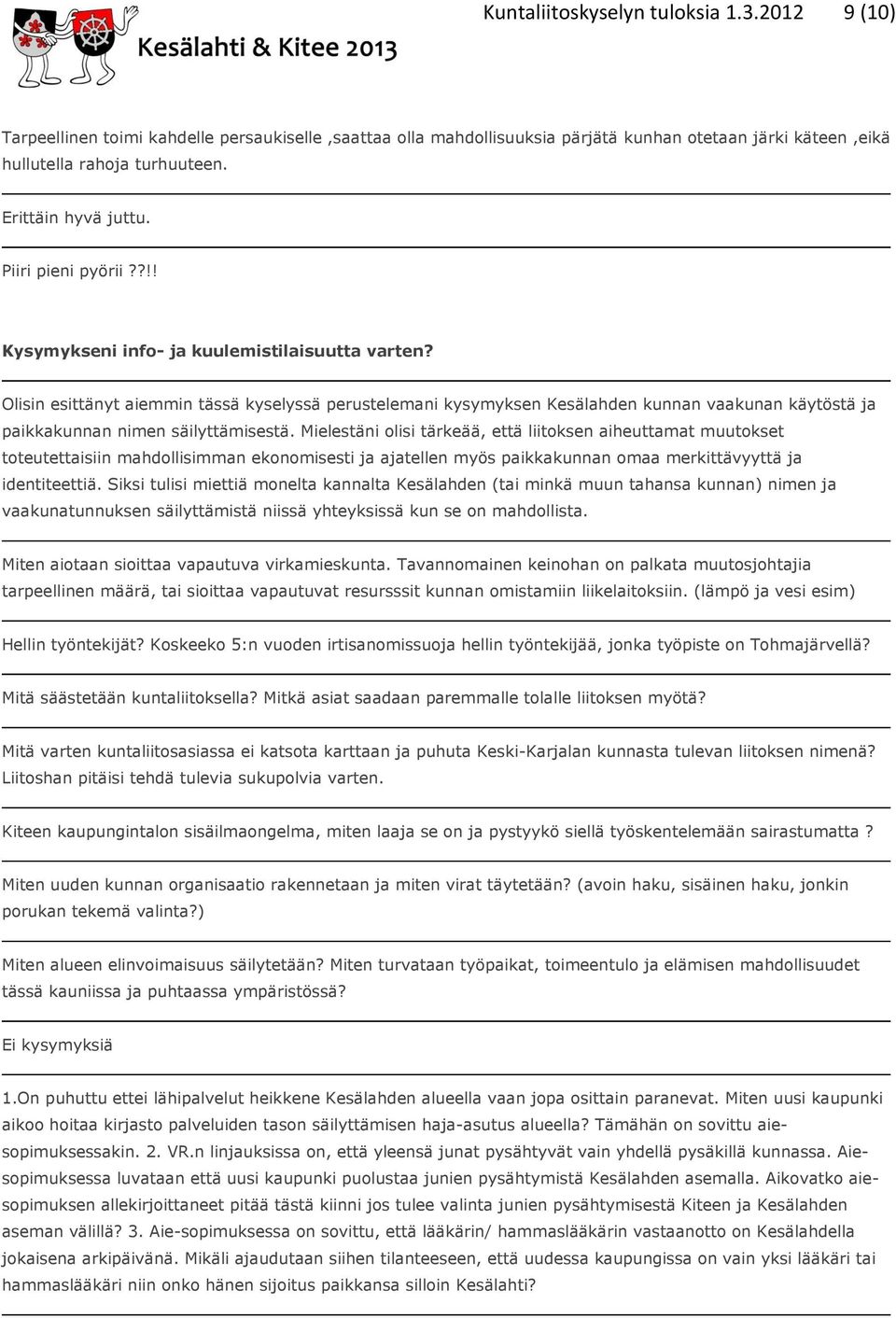 Olisin esittänyt aiemmin tässä kyselyssä perustelemani kysymyksen Kesälahden kunnan vaakunan käytöstä ja paikkakunnan nimen säilyttämisestä.