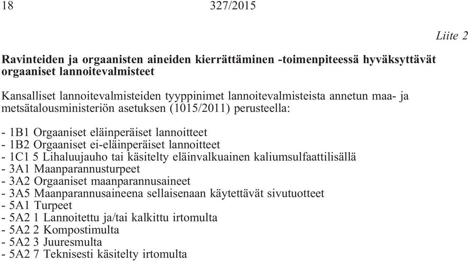 lannoitteet - 1C1 5 Lihaluujauho tai käsitelty eläinvalkuainen kaliumsulfaattilisällä - 3A1 Maanparannusturpeet - 3A2 Orgaaniset maanparannusaineet - 3A5 Maanparannusaineena