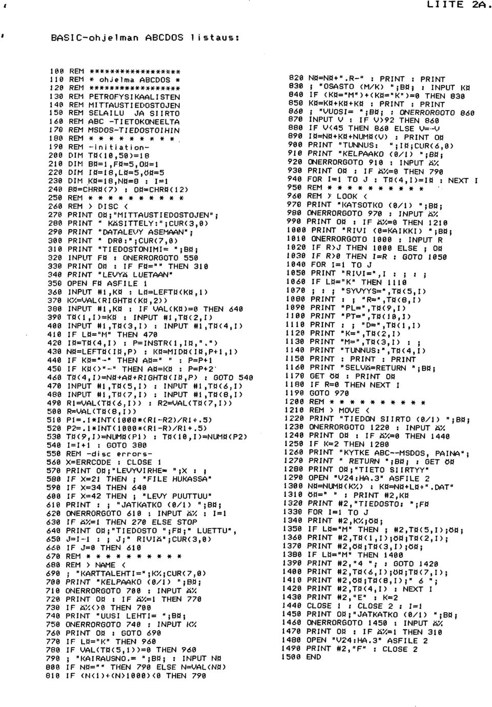 %w* 110 REM * ohjelma ABCDOS * 120 REM +*+a+*++*++~x++++++ 1 30 REM PETROFYSI KAAL 1 STEN 1 40 REM MIT'TAUSTI EDOSTOJEN 150 REM SELAILU JA SI IRTO 160 REM ABC -TI ETOKONEELTA 1 70 REM MSDOS-TI