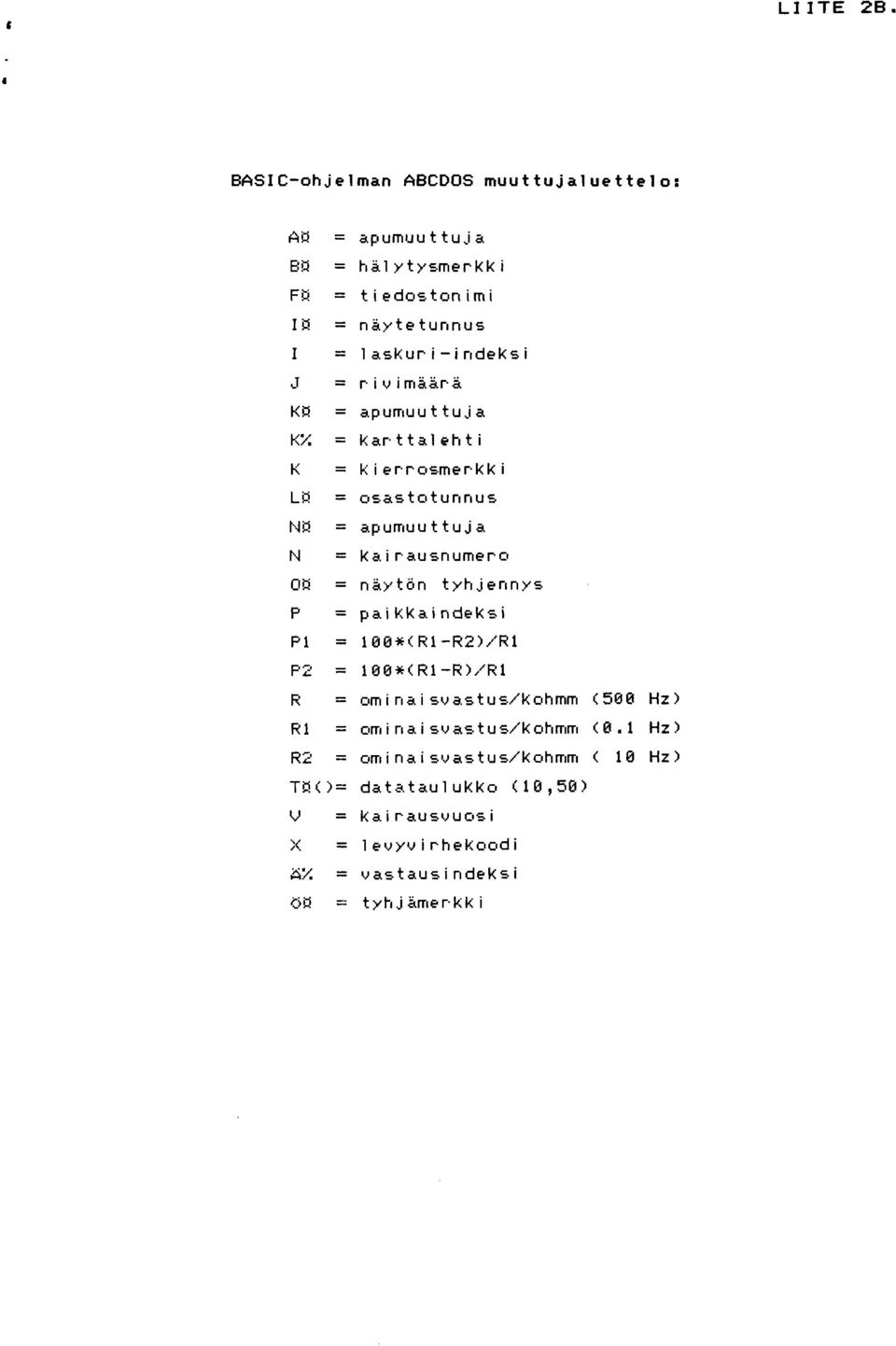 ia K% = karttalehti K = kierrosmerkki L# = osastotunnus N# = apurnuuttuja N = kairausnumero 00 = närt~n tyhjennys P P1 P2 = paikkaindeksi =