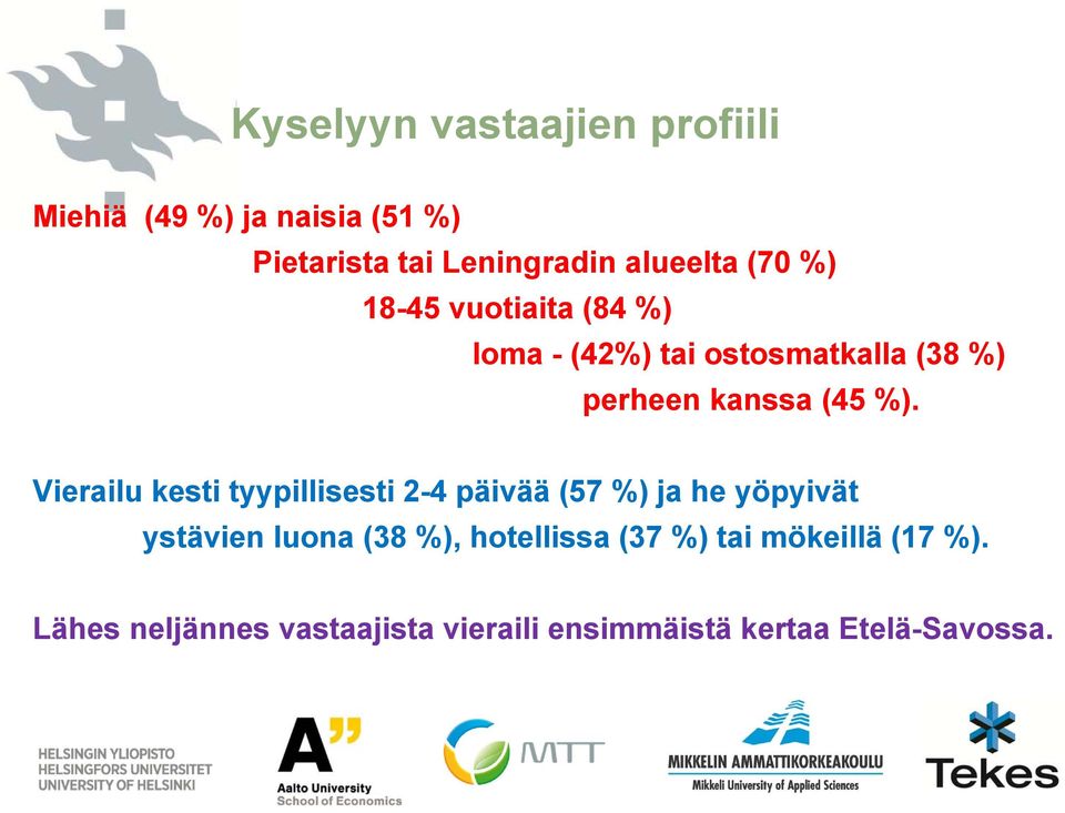 Vierailu kesti tyypillisesti 2-4 päivää (57 %) ja he yöpyivät ystävien luona (38 %), hotellissa