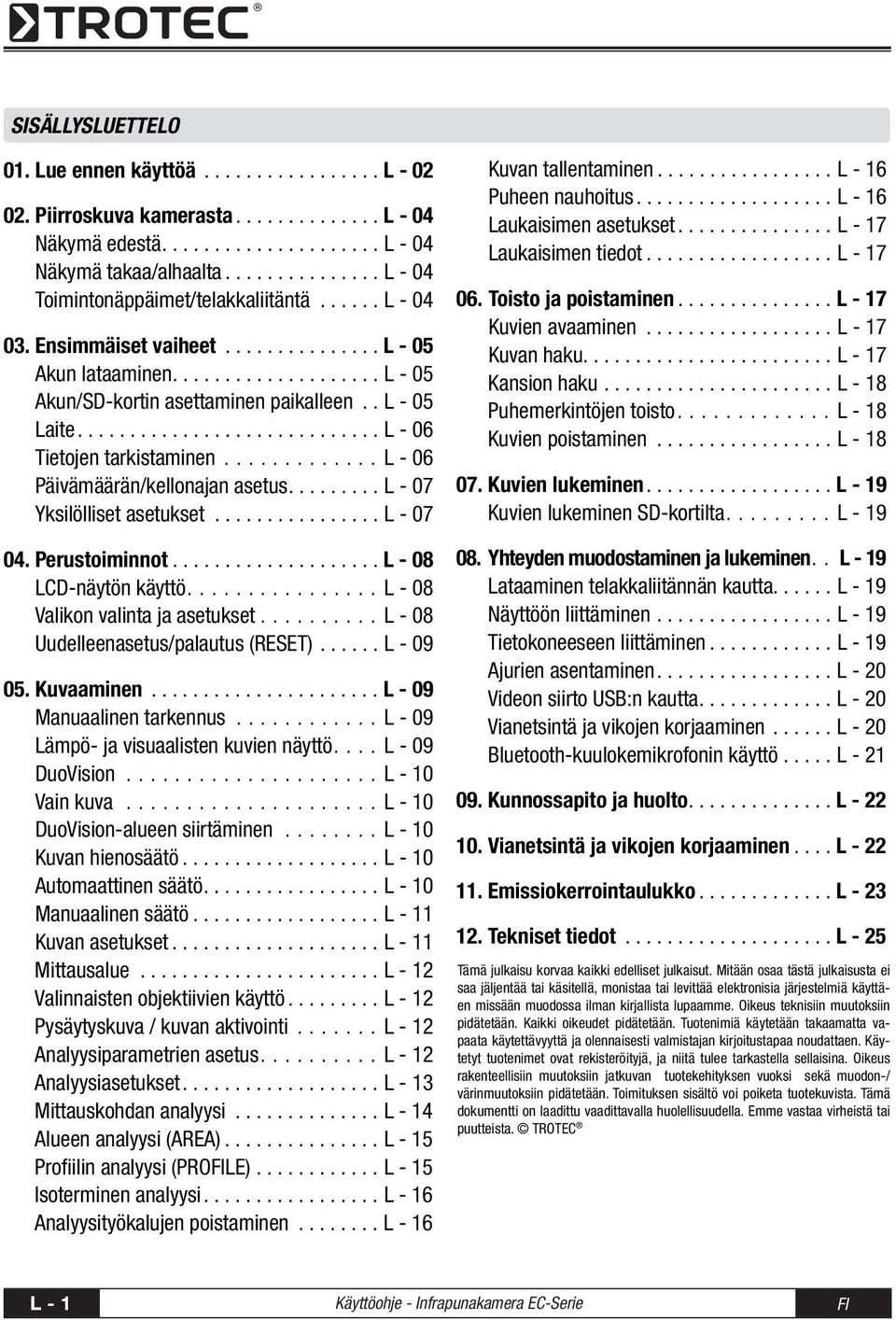 ..l - 07 Yksilölliset asetukset...l - 07 04. Perustoiminnot...L - 08 LCD-näytön käyttö....l - 08 Valikon valinta ja asetukset....l - 08 Uudelleenasetus/palautus (RESET)...L - 09 05. Kuvaaminen.