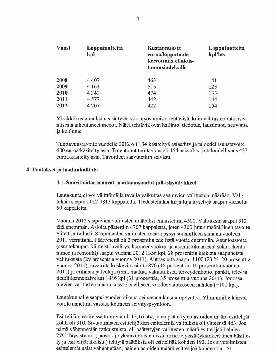 Tuttavuustavite vudelle 2012 li 134 käsiteltyä asiaa/htv ja taludellisuustavite 480 eura/käsite1ty asia. Tteutunut tuttavuus li 154 asiaa/htv ja taludellisuus 433 eura/käsitelty asia.