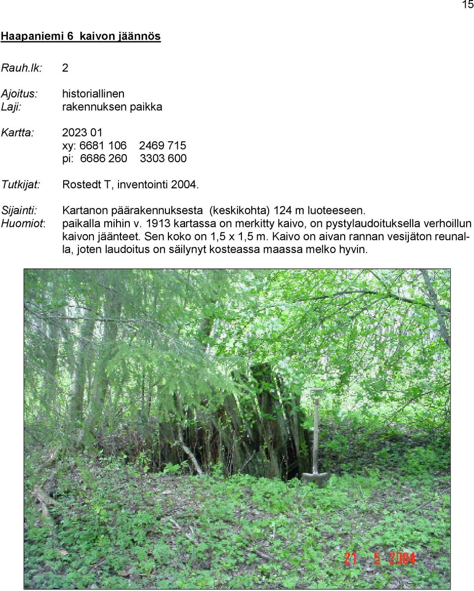 Tutkijat: Rostedt T, inventointi 2004. Sijainti: Huomiot: Kartanon päärakennuksesta (keskikohta) 124 m luoteeseen.