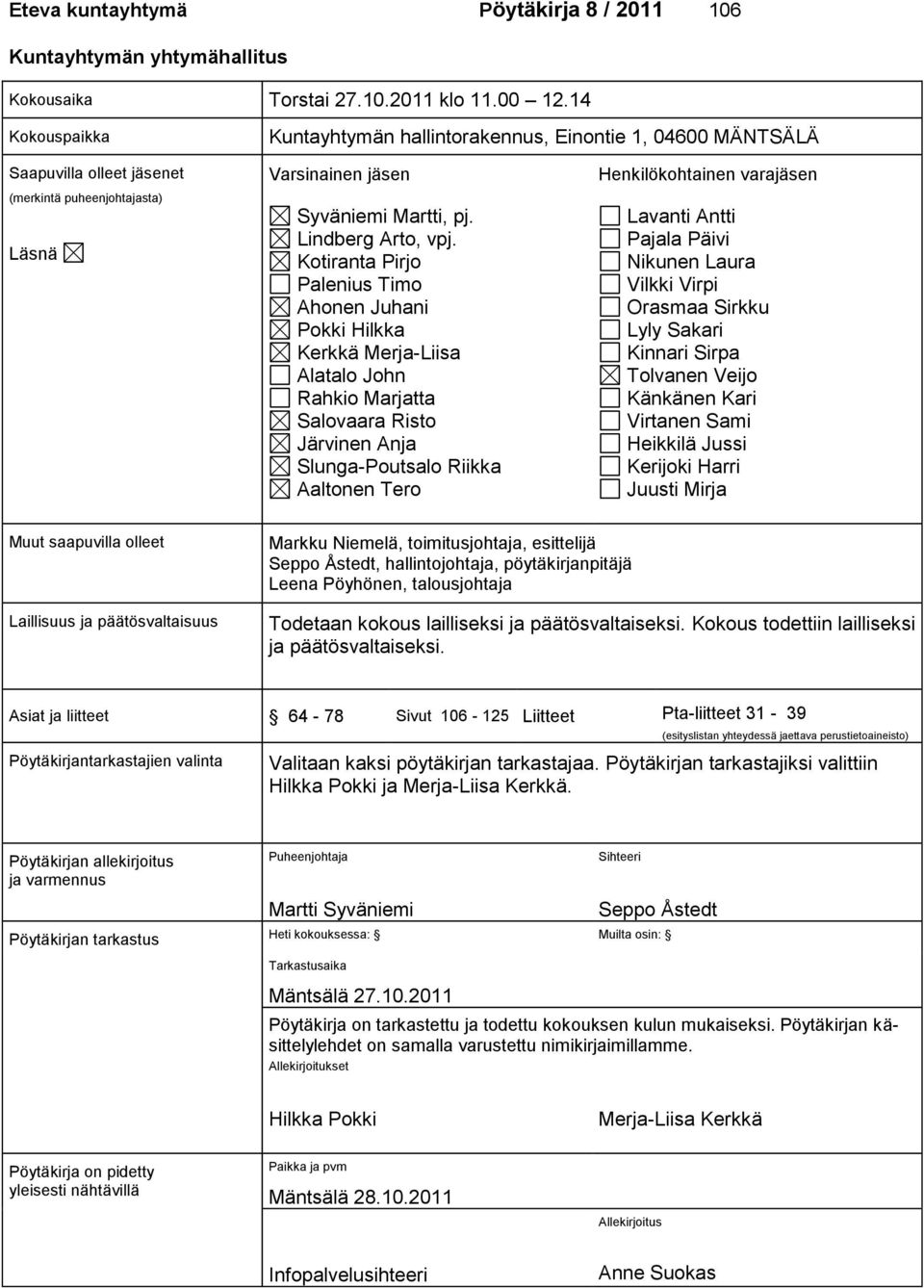 Kotiranta Pirjo Palenius Timo Ahonen Juhani Pokki Hilkka Kerkkä Merja-Liisa Alatalo John Rahkio Marjatta Salovaara Risto Järvinen Anja Slunga-Poutsalo Riikka Aaltonen Tero Henkilökohtainen varajäsen