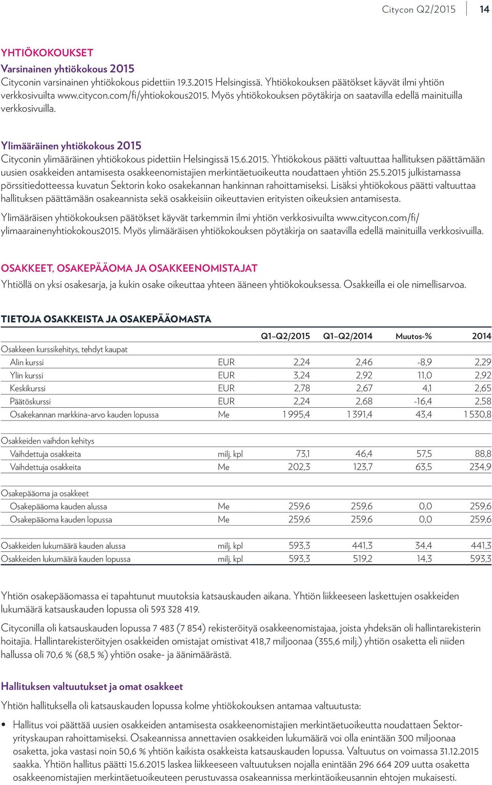 2015. Yhtiökokous päätti valtuuttaa hallituksen päättämään uusien osakkeiden antamisesta osakkeenomistajien merkintäetuoikeutta noudattaen yhtiön 25.5.2015 julkistamassa pörssitiedotteessa kuvatun Sektorin koko osakekannan hankinnan rahoittamiseksi.