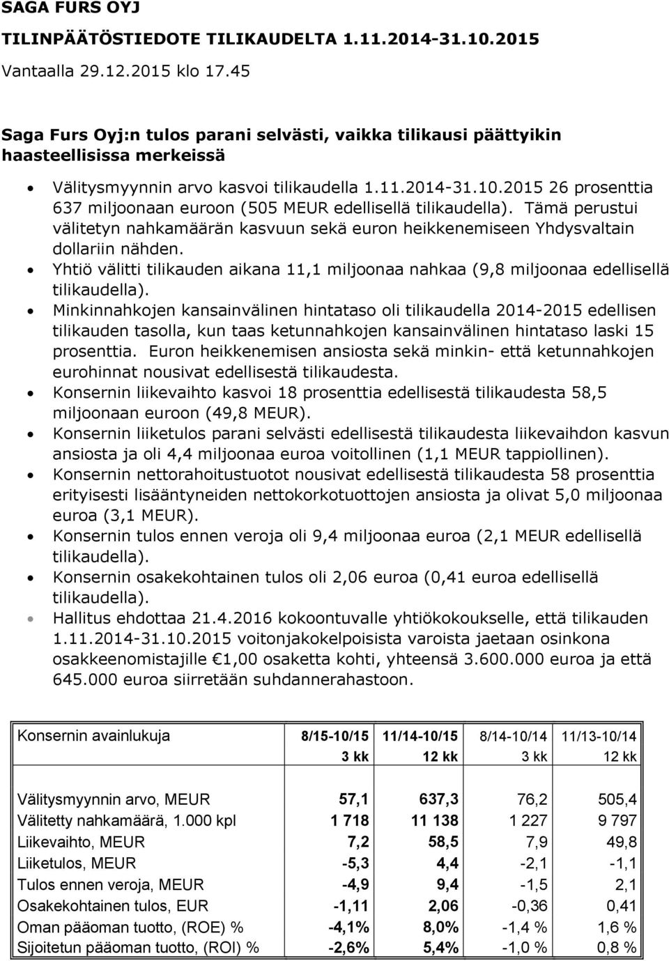 2015 26 prosenttia 637 miljoonaan euroon (505 MEUR edellisellä tilikaudella). Tämä perustui välitetyn nahkamäärän kasvuun sekä euron heikkenemiseen Yhdysvaltain dollariin nähden.