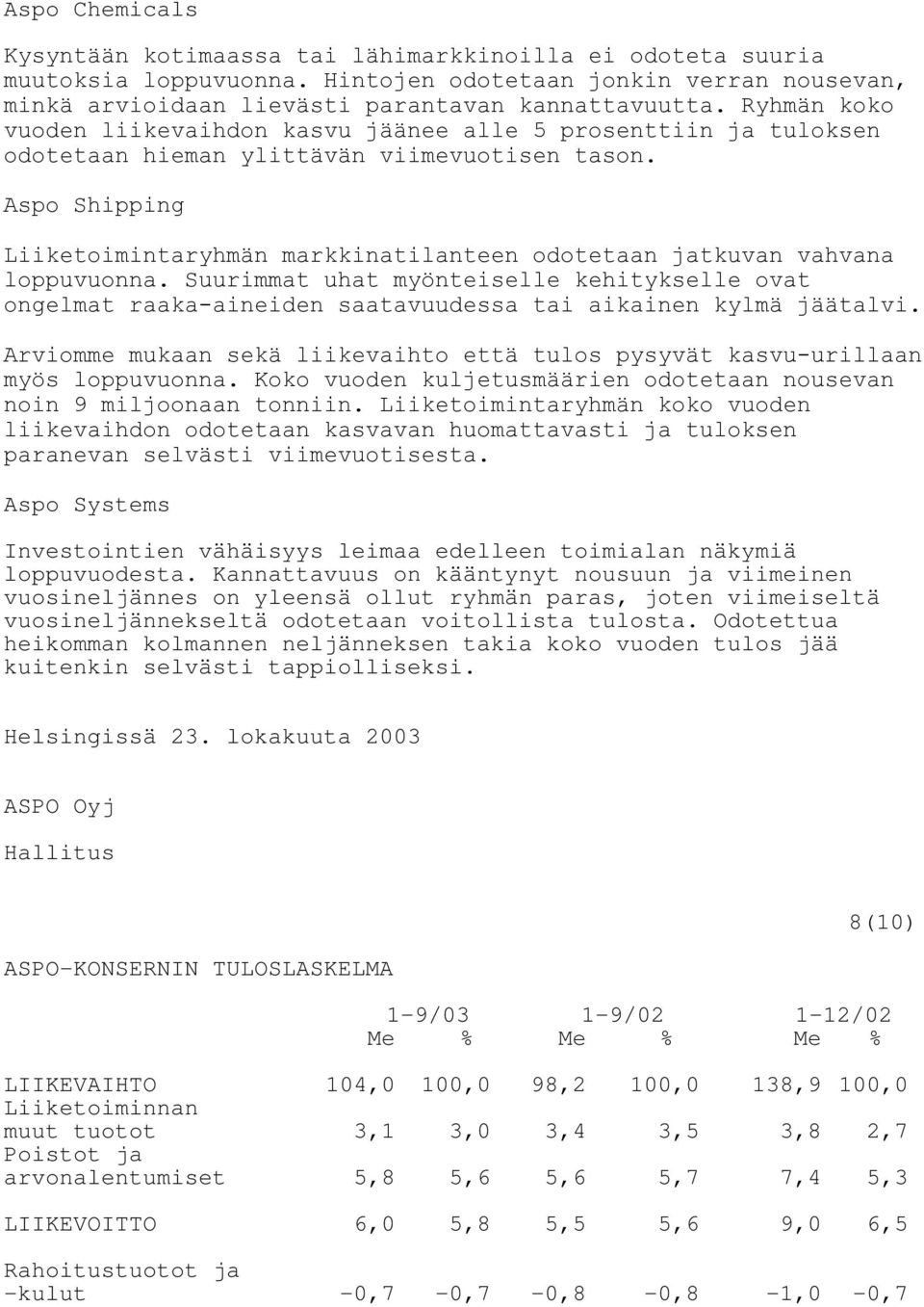 Aspo Shipping Liiketoimintaryhmän markkinatilanteen odotetaan jatkuvan vahvana loppuvuonna.