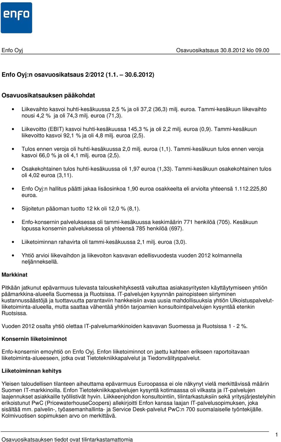 Tammi-kesäkuun liikevoitto kasvoi 92,1 % ja oli 4,8 milj. euroa (2,5). Tulos ennen veroja oli huhti-kesäkuussa 2,0 milj. euroa (1,1). Tammi-kesäkuun tulos ennen veroja kasvoi 66,0 % ja oli 4,1 milj.