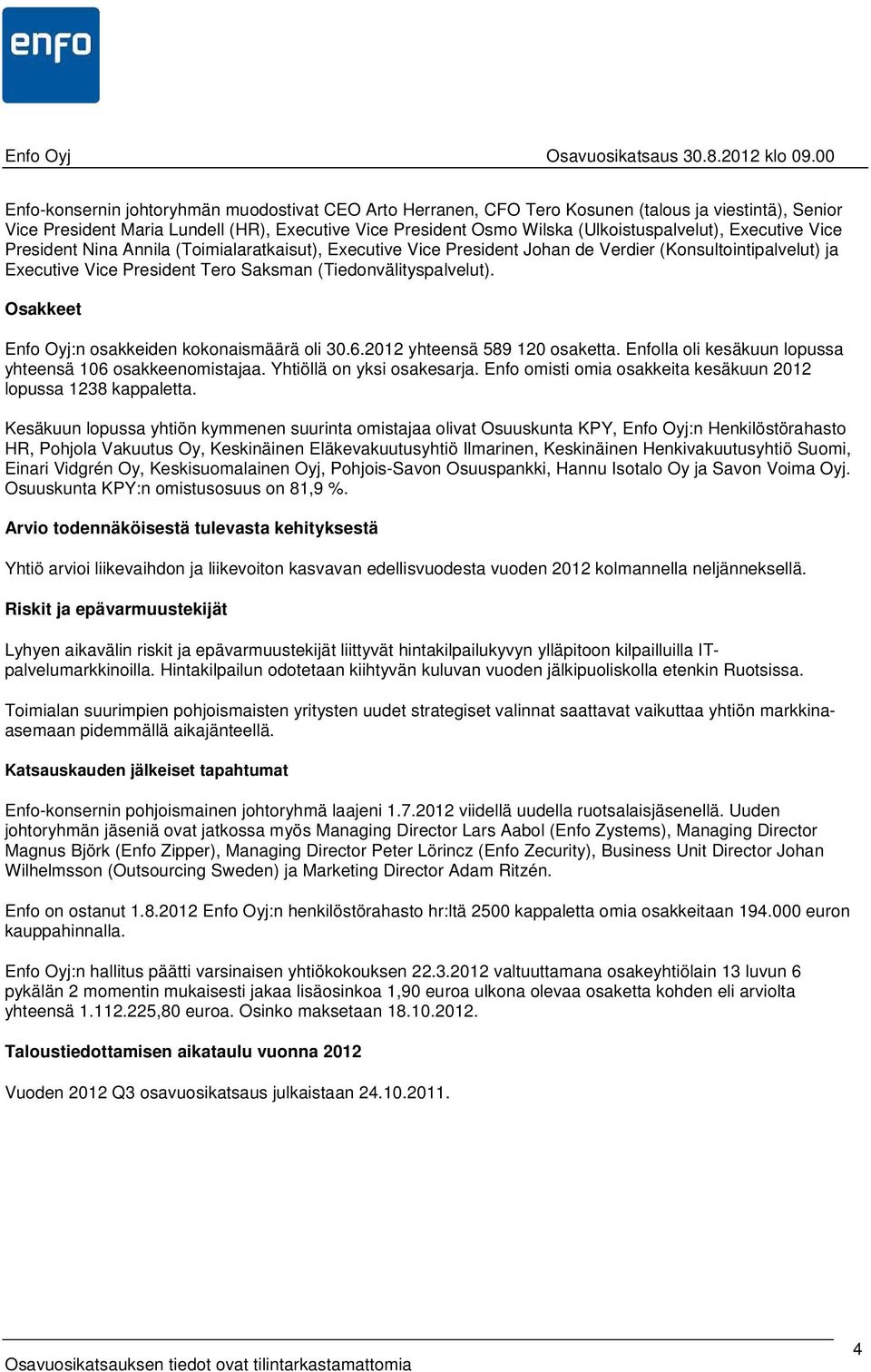 Osakkeet Enfo Oyj:n osakkeiden kokonaismäärä oli 30.6.2012 yhteensä 589 120 osaketta. Enfolla oli kesäkuun lopussa yhteensä 106 osakkeenomistajaa. Yhtiöllä on yksi osakesarja.