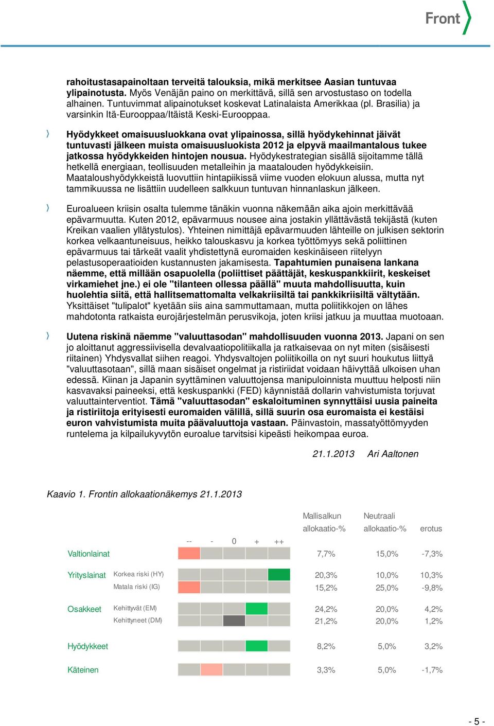 Hyödykkeet omaisuusluokkana ovat ylipainossa, sillä hyödykehinnat jäivät tuntuvasti jälkeen muista omaisuusluokista 2012 ja elpyvä maailmantalous tukee jatkossa hyödykkeiden hintojen nousua.