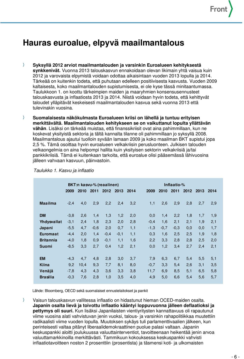 Tärkeää on kuitenkin todeta, että puhutaan edelleen positiivisesta kasvusta. Vuoden 2009 kaltaisesta, koko maailmantalouden supistumisesta, ei ole kyse tässä minitaantumassa. Taulukkoon 1.