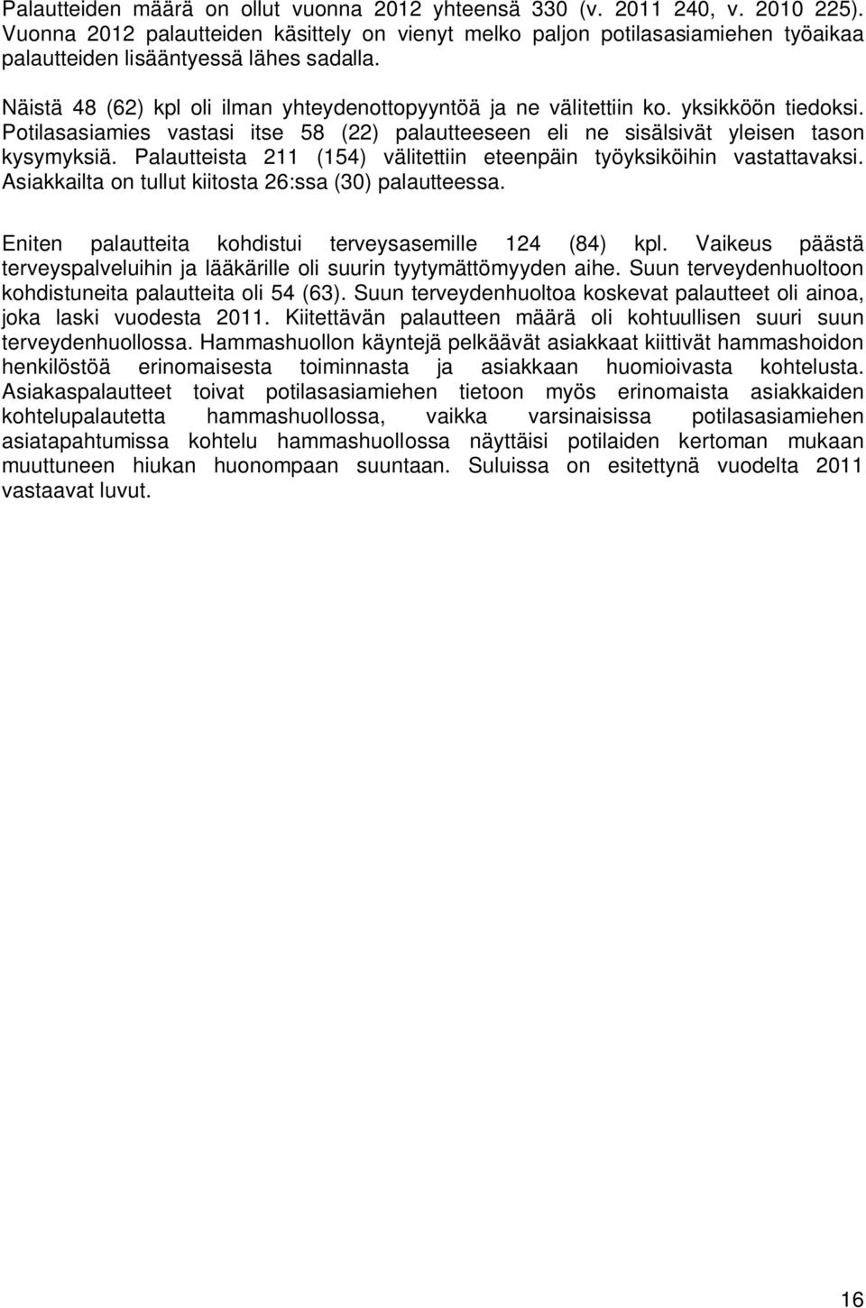 yksikköön tiedoksi. Potilasasiamies vastasi itse 58 (22) palautteeseen eli ne sisälsivät yleisen tason kysymyksiä. Palautteista 211 (154) välitettiin eteenpäin työyksiköihin vastattavaksi.