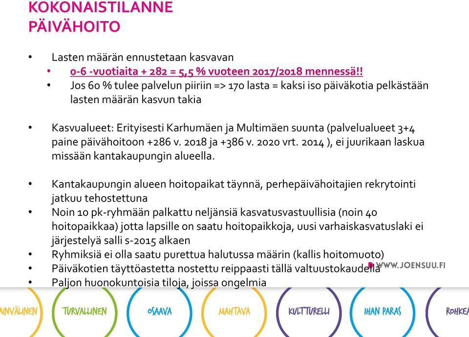 päivähoitoon +286 v. 2018 ja +386 v. 2020 vrt. 2014 ), ei juurikaan laskua missään kantakaupungin alueella.