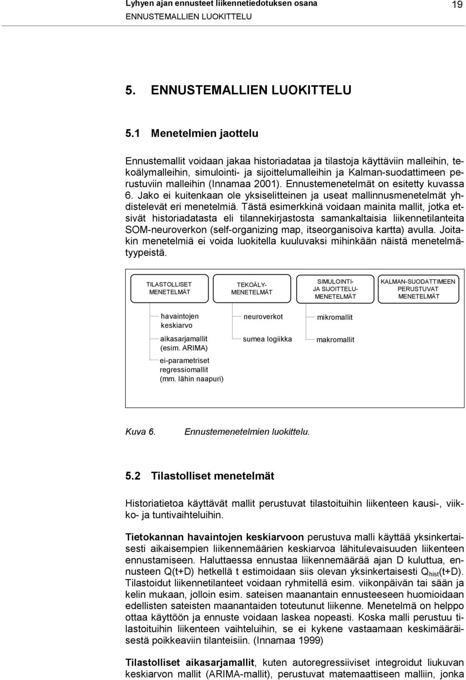 1 Menetelmien jaottelu Ennustemallit voidaan jakaa historiadataa ja tilastoja käyttäviin malleihin, tekoälymalleihin, simulointi- ja sijoittelumalleihin ja Kalman-suodattimeen perustuviin malleihin