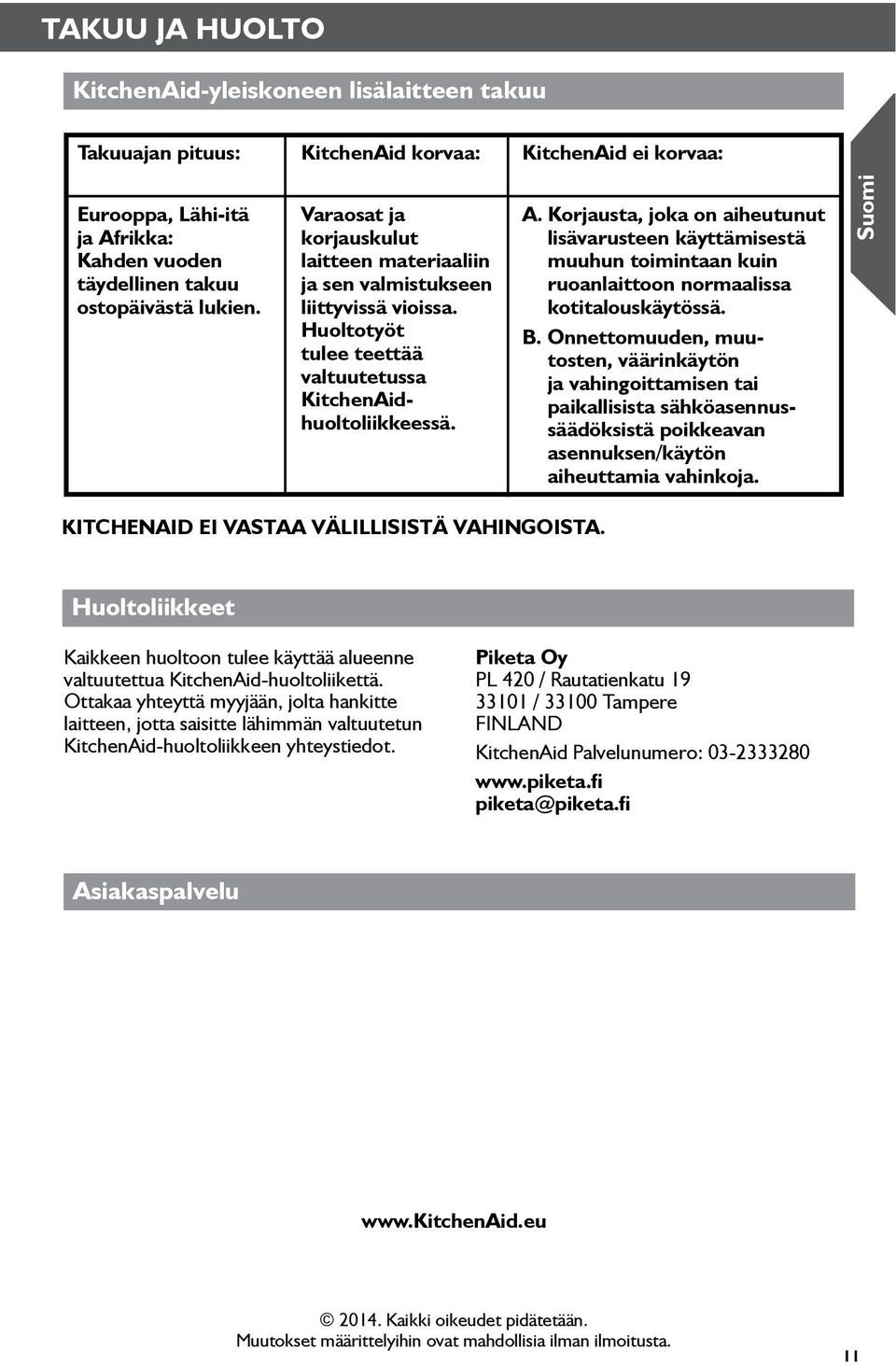 korjausta, joka on aiheutunut lisävarusteen käyttämisestä muuhun toimintaan kuin ruoanlaittoon normaalissa kotitalouskäytössä. B.